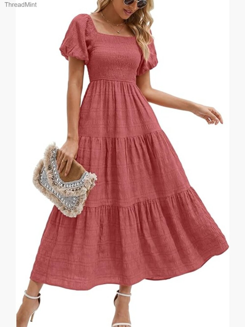 Women's Summer Puff Sleeve Maxi Dress Square Neck Smocked Tiered Ruffle A-Line